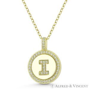 Initial Letter "I" CZ Crystal Pave Pendant in .925 Sterling Silver w/ 14k YG